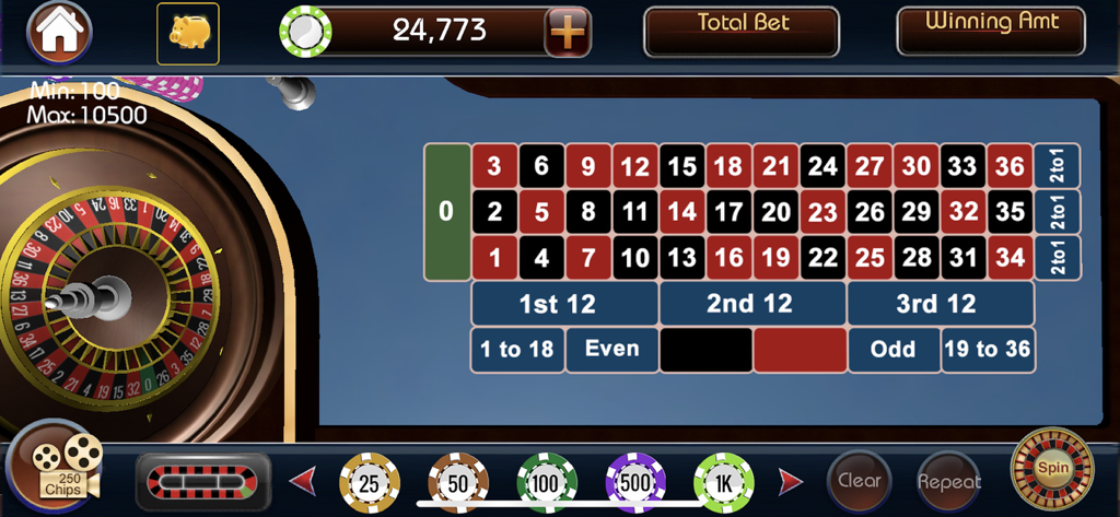 Roulette 3D Casino Style - Une roue de roulette 3D et une interface de table de mise dans l'application Roulette 3D Casino Style.