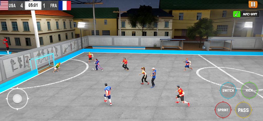 Street Soccer - Futsal 2026 - Gameplay screenshot of Street Soccer Futsal 2026 showing a match between USA and France on an urban pitch.