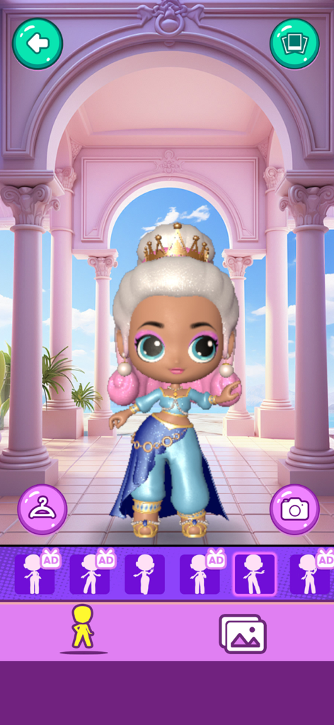 Doll Dress Up Salon - A 3D doll character dressed in a blue and gold Arabian princess outfit standing in a pink palace hall.