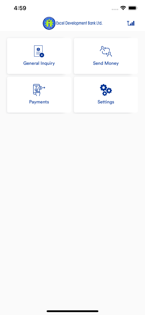 Dashboard der Excel Smart Mobile-Banking-App mit Optionen für Geldüberweisung und Zahlungen