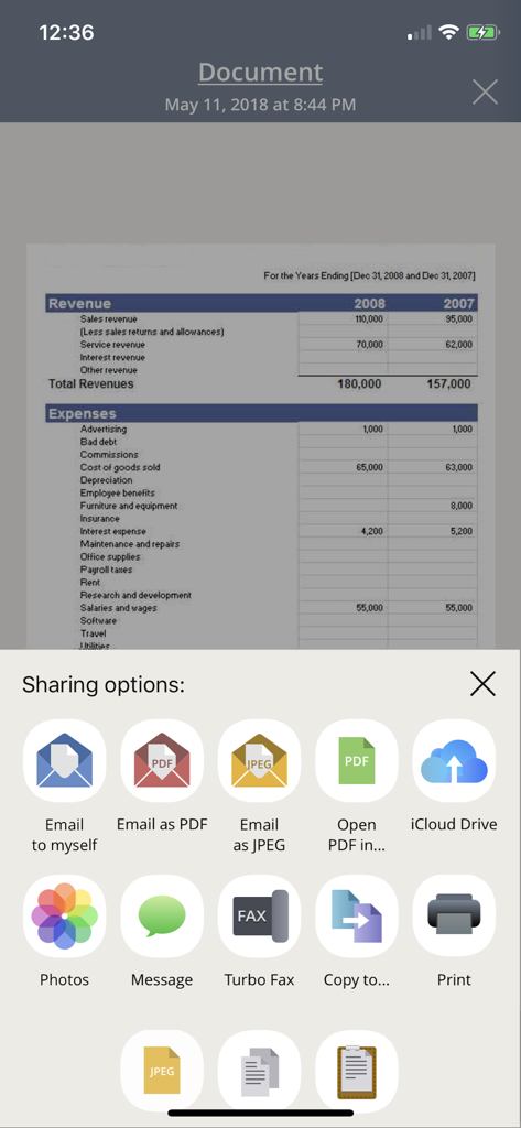 TurboScan™: document scanner - TurboScan app interface showing sharing options for a scanned financial document on an iPhone