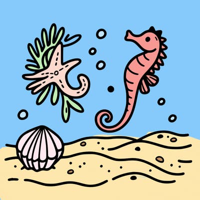 sand, sea horse, starfish