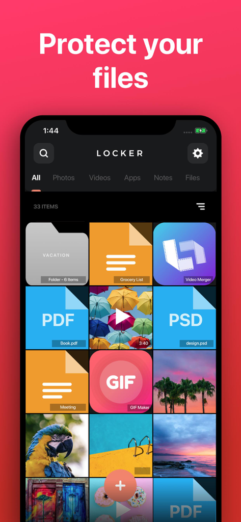 Interface of the Locker app showing a grid of protected photos, PDF documents, and private notes