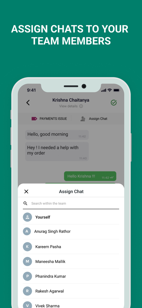 Interakt app interface showing how to assign a WhatsApp business chat to specific team members from a shared inbox