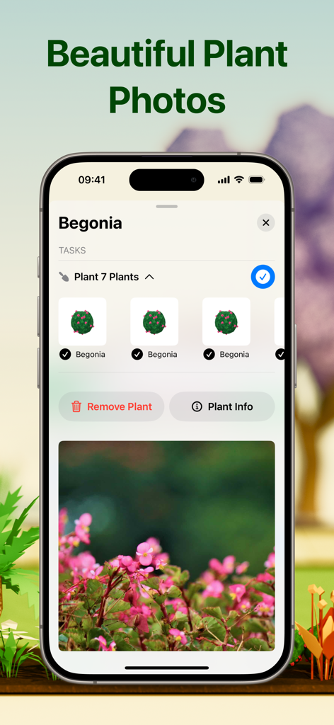 Flourish Garden - Flourish Garden app screen displaying Begonia plant photos and gardening tasks.