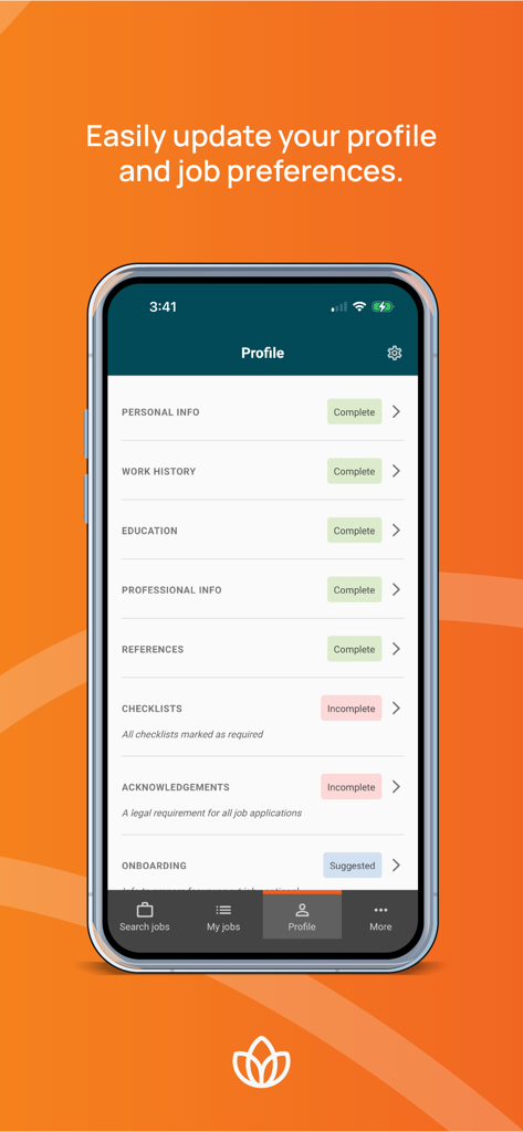 Aya Healthcare Job Search - A mobile screenshot of the Aya Healthcare app profile page showing sections for personal info work history and education