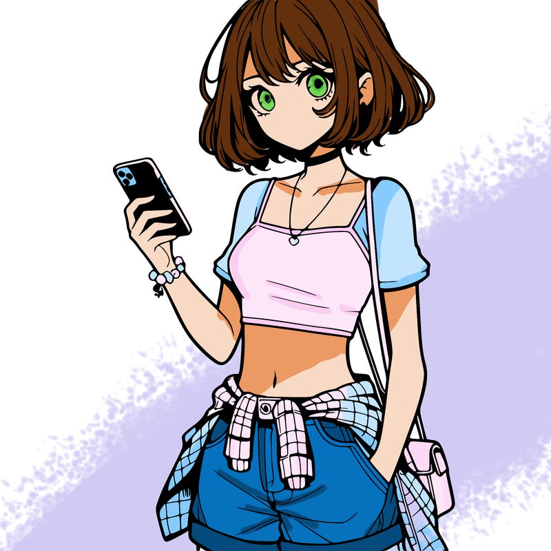 anime teenager girl in crop top with phone