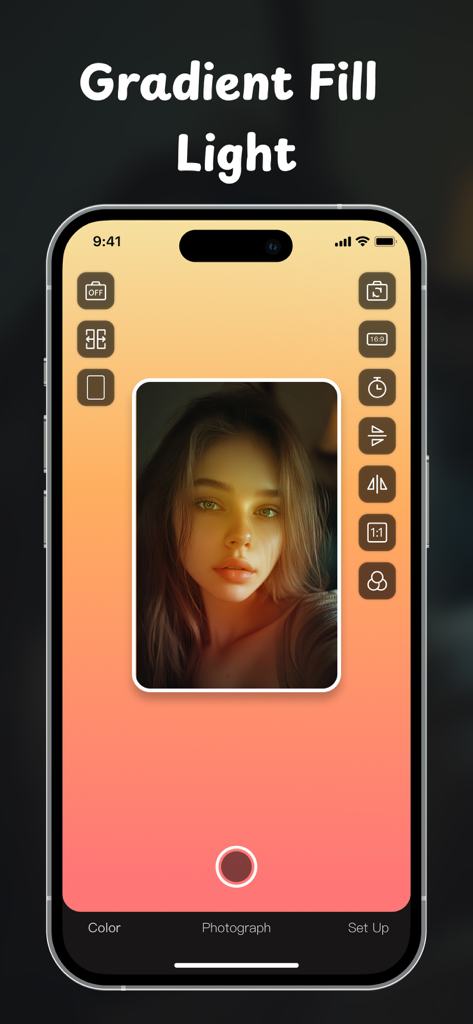 GlowCam：Selfie Light Camera - Smartphone screen showing the GlowCam app with an orange and pink gradient fill light effect for a selfie