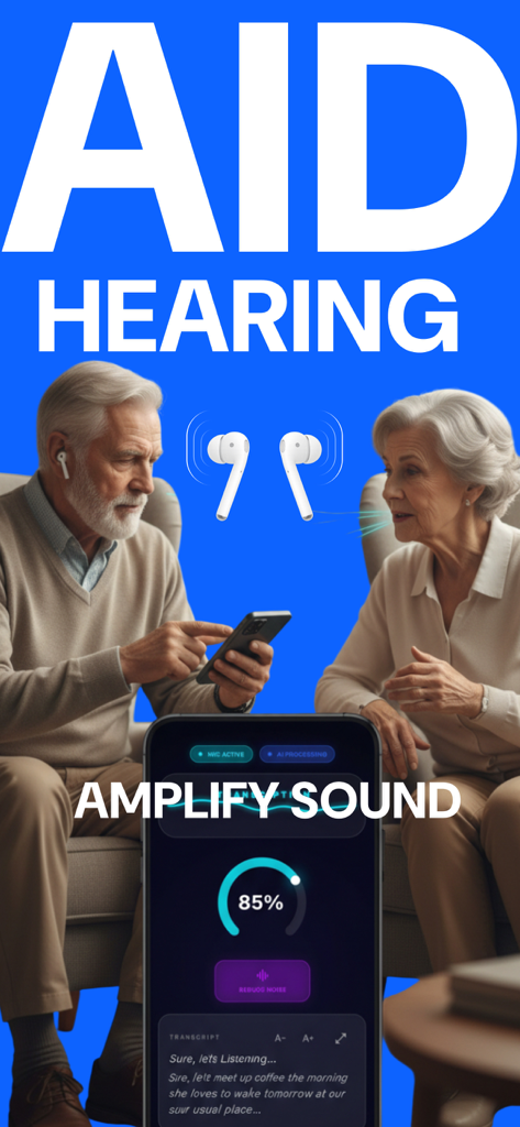 Hearing Aid & Sound Amplifier - A senior couple using a smartphone app to amplify sound while wearing wireless earbuds