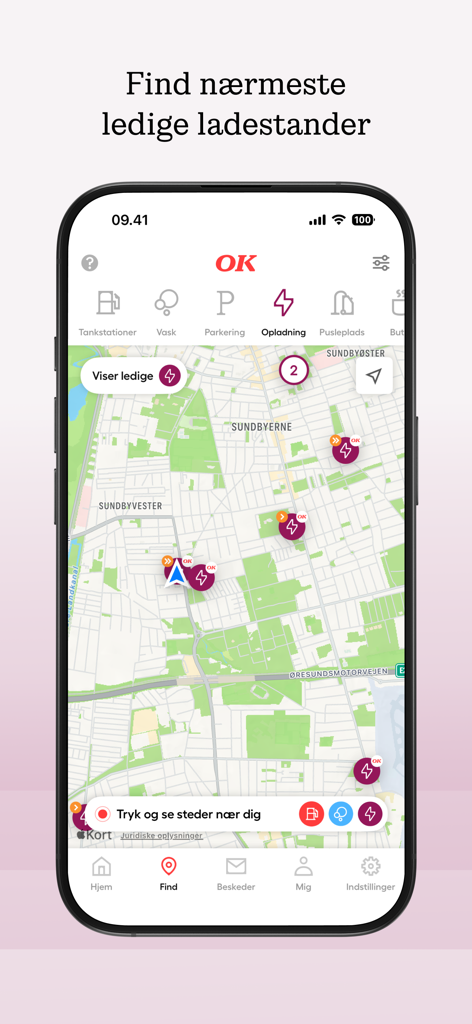 OK: Tank, oplad, vask, parker - OK app interface showing a map with available electric vehicle charging stations