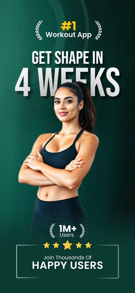 Una mujer sonriente y en forma con ropa deportiva promocionando un desafío de acondicionamiento de 4 semanas para la Aplicación de Entrenamiento para Perder Peso.