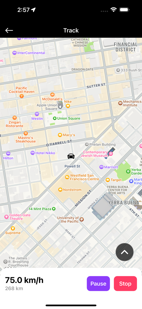 Speedometer - GPS Speedometer - GPS Speedometer app interface showing real-time speed of 75 km/h and distance on a city map.