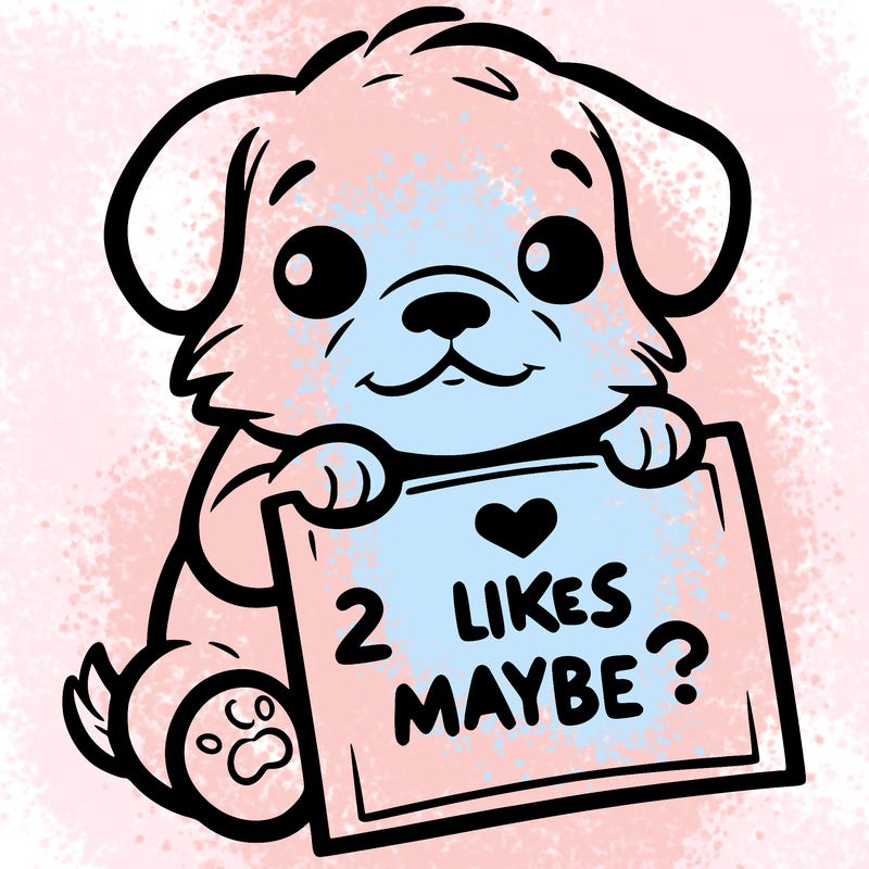 a puppy holding a sign that says 2 likes maybe?