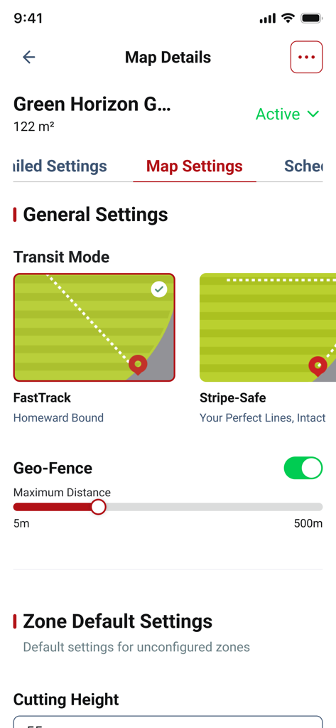 Kress Fleet - Map settings screen in the Kress Fleet app showing transit mode options and geo-fence configuration