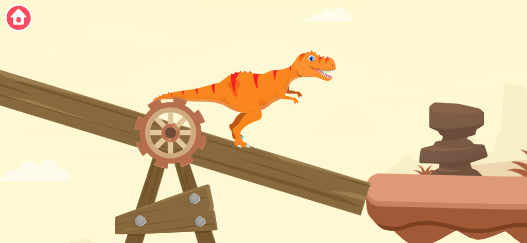 Un mignon dinosaure orange marchant sur un pont en bois avec un mécanisme d'engrenage dans un environnement désertique.