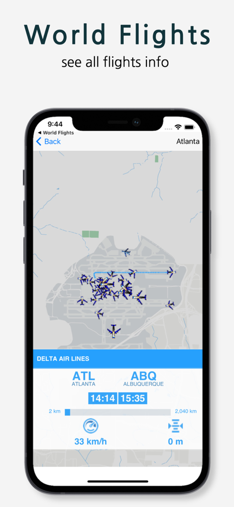 World Flights app interface showing a live flight radar map over Atlanta airport with Delta Air Lines flight details