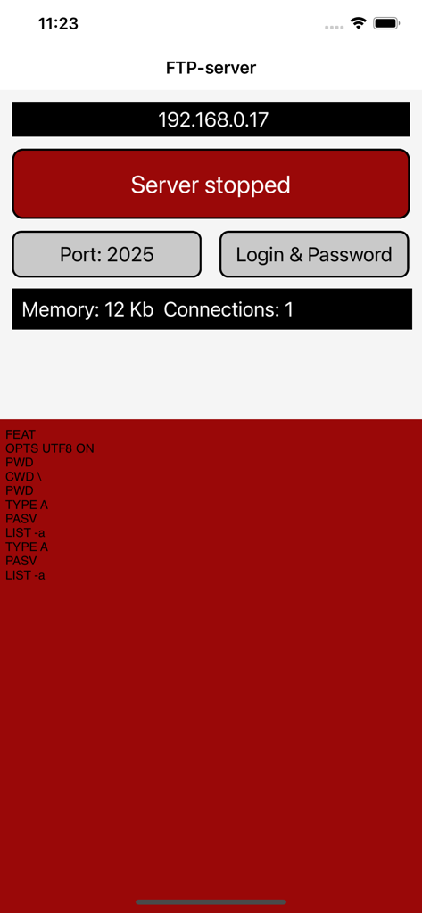 Interfaz de usuario de la aplicación FTP-server que muestra la dirección IP, la configuración del puerto y los registros de conexión