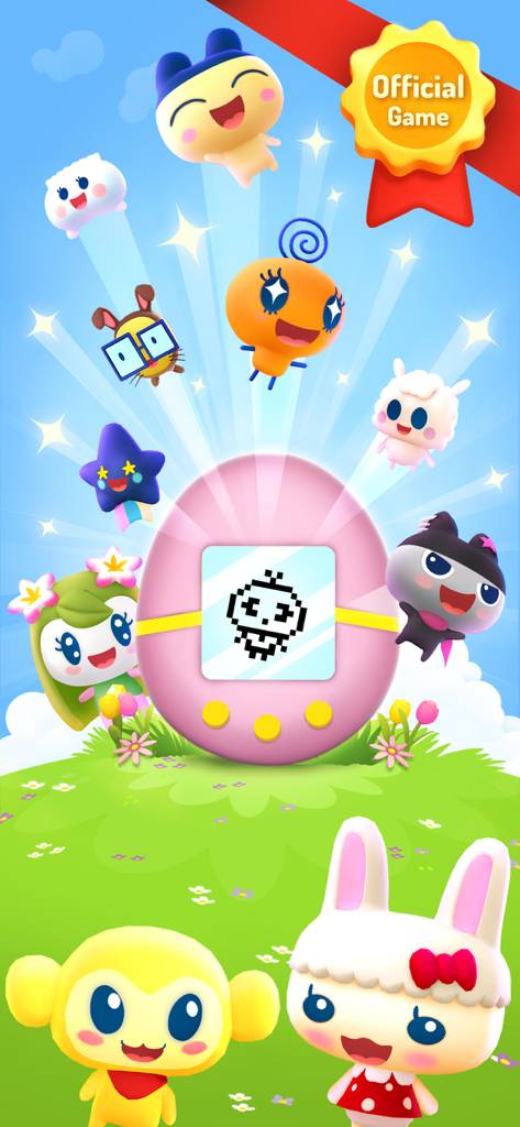 A group of cute and colorful Tamagotchi characters surrounding a pink virtual pet device on a sunny field