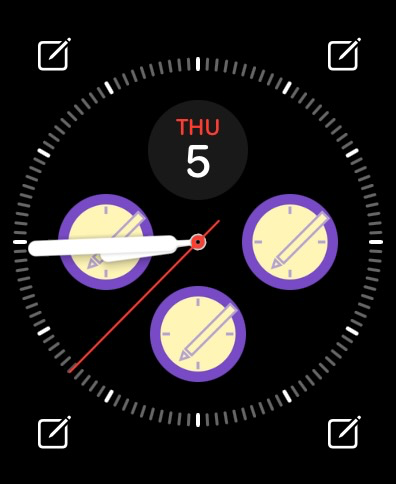 Color Watch Memo - A preview of various memo complications and edit icons on an Apple Watch face.