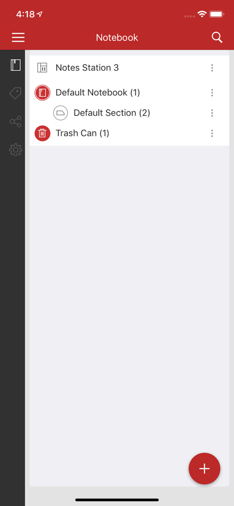 Qnotes3 app interface displaying the notebook management screen with folders and sections.