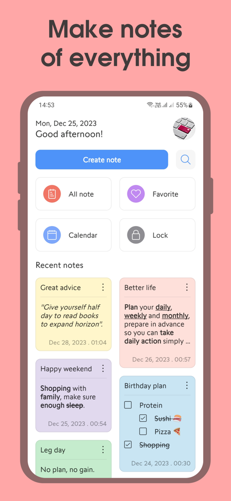 Open Note - Ghi Chú Nhanh - Open Note app dashboard interface with colorful digital note cards and productivity categories