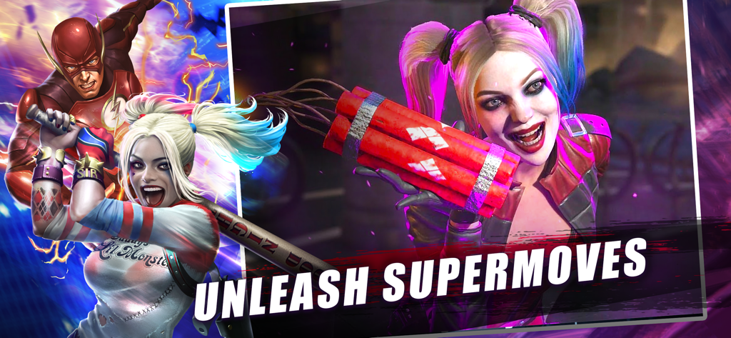 Harley Quinn holding explosives and The Flash in a combat pose with unleash supermoves text