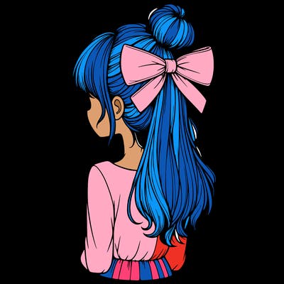 realistic girl  with hip length hair a bun and a big bow on the back of head