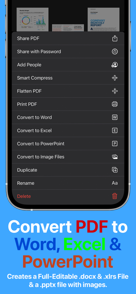 PDF Office Max Acrobat Expert - Menú de la aplicación PDF Office Max con opciones para convertir PDF a Word, Excel y PowerPoint