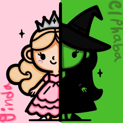 detailed split of a princess and a witch