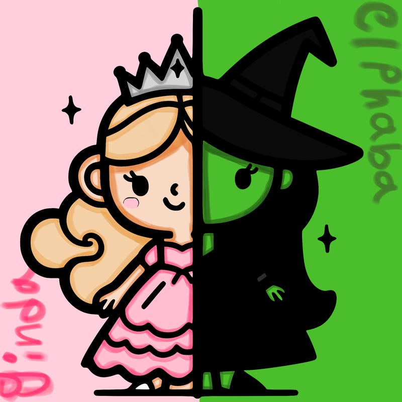 detailed split of a princess and a witch