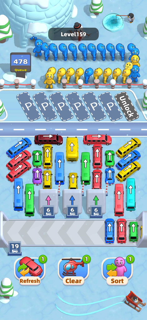 Gameplay of Car Jam 2 showing a bus sorting puzzle in a winter environment