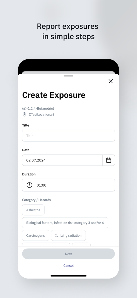 A screenshot of the Chemical Manager app showing a form to register chemical exposure including date and hazard categories.