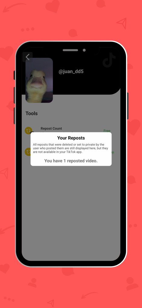 Interface of the SocialAut app showing the TikTok repost management tool with a notification about deleted videos.