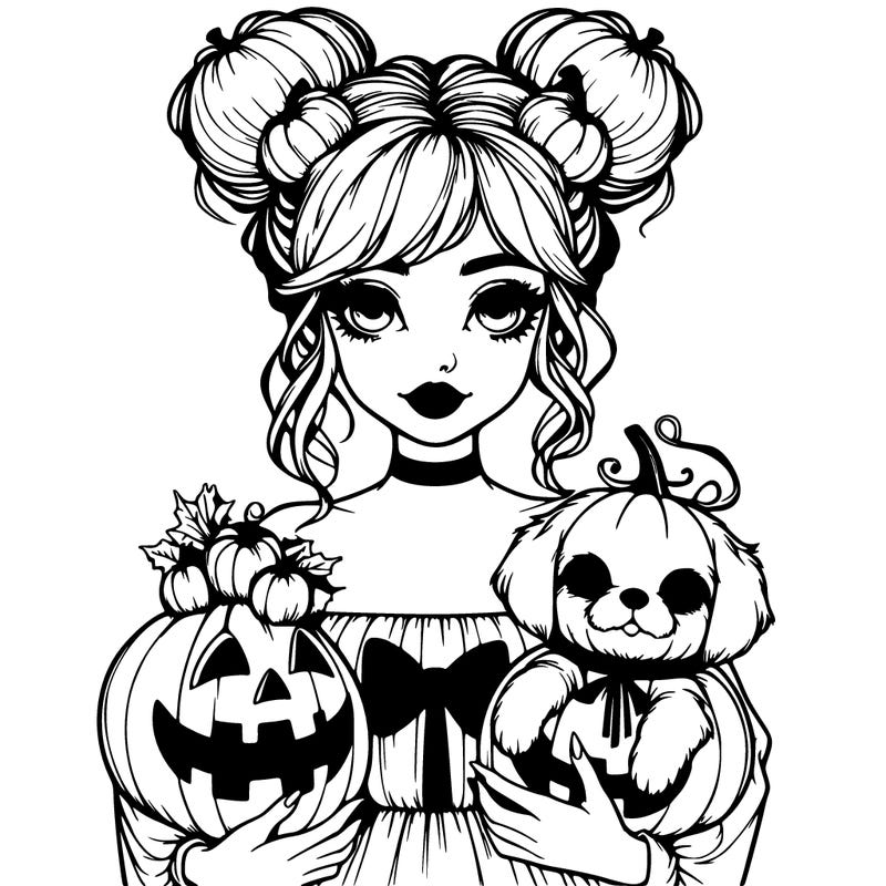 halloween girl with pumpkin buns and a pumpkin top with pumpkin dog in her arms realistic