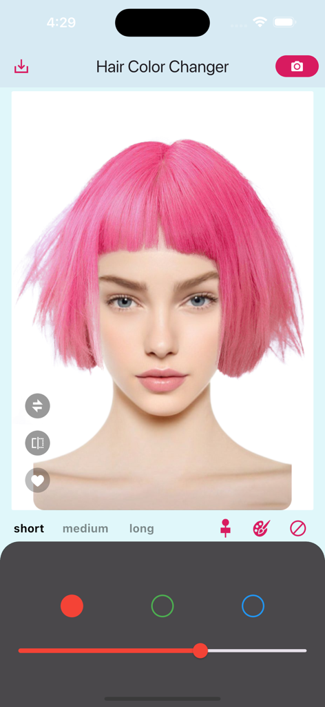 AI搭載のヘアカラーチェンジャー。短いピンクボブヘアスタイルの女性を表示