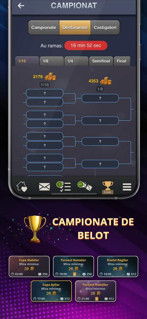 Belot.md - Moldova Belot - Turnierbaum und Auswahlbildschirm für Meisterschaften in der Belot.md Kartenspiel-App