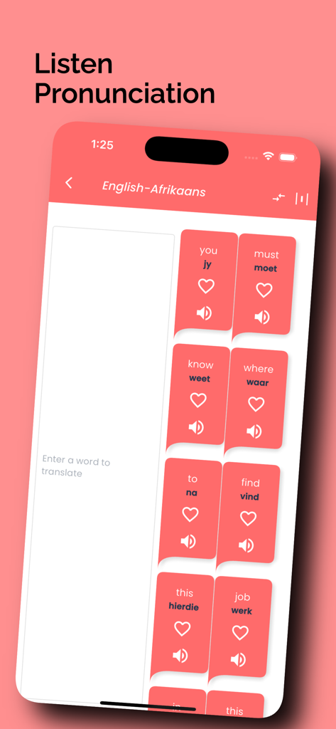 Afrikaans Translator Offline - English to Afrikaans translator app interface with word translations and pronunciation buttons