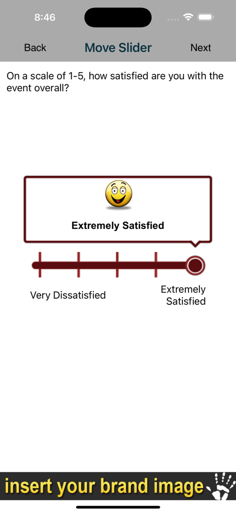 iSURVEY - Offline Survey Forms - iSURVEY app interface showing an event satisfaction question with a rating slider.
