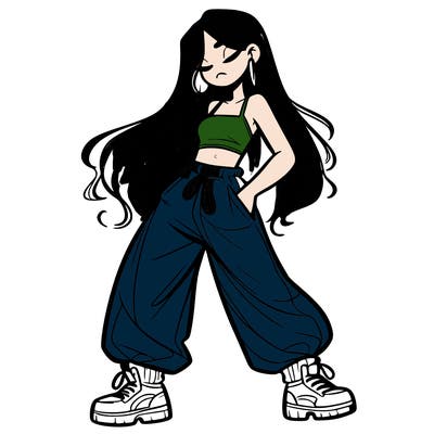 girl in baggy pants crop top and long hair