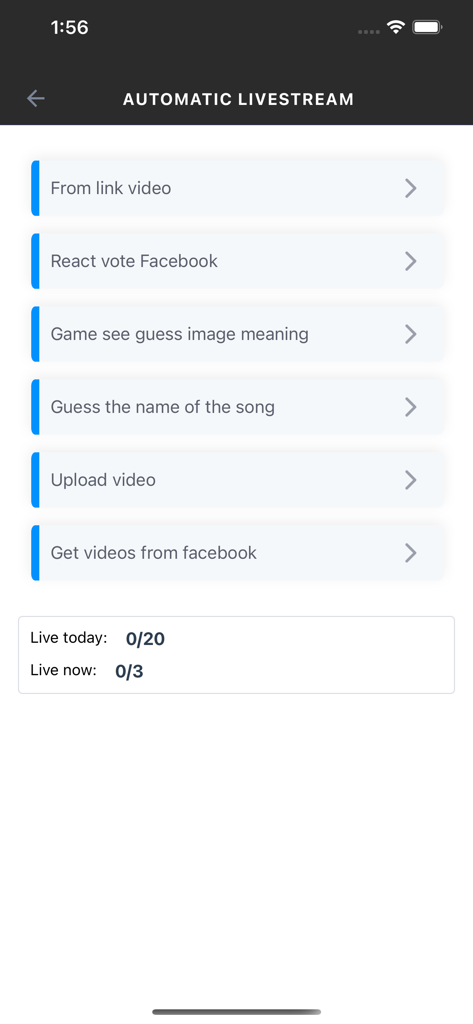 GoStream - Livestream - GoStream app interface showing automatic livestream options including video links and uploads