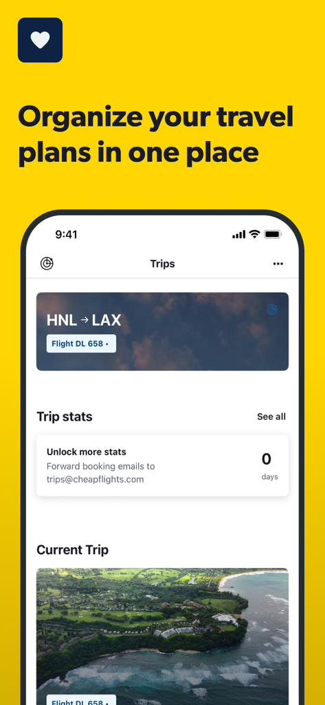 Cheapflights app screen showing the Trips feature for organizing travel plans including a flight from HNL to LAX
