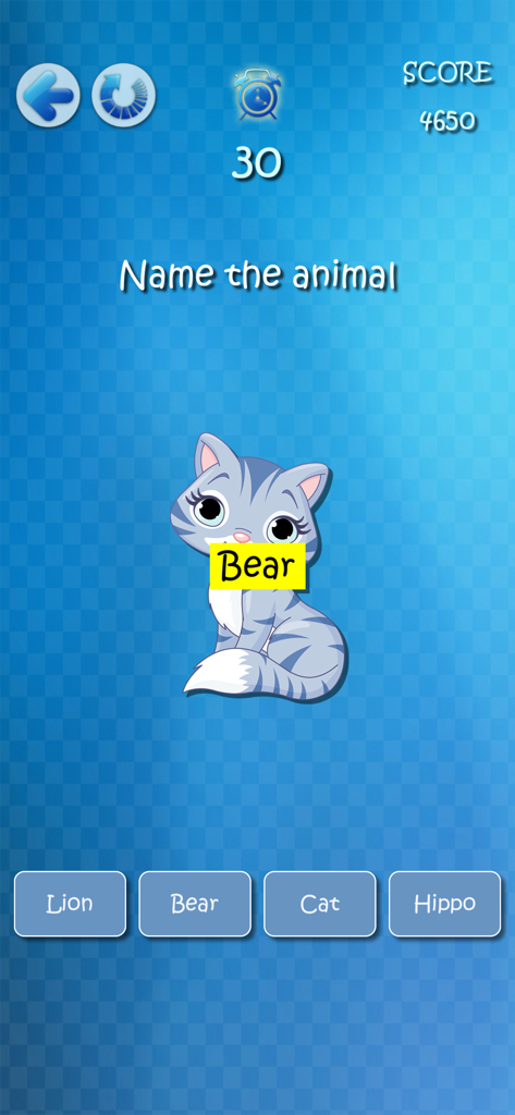 Captura de pantalla de la aplicación Brain Trainer que muestra una tarea de identificación de animales diseñada para probar la concentración cognitiva