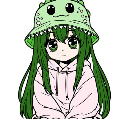 girl with anime shaped eyes with a dinosaur bucket hat oversized sweatshirt long straight hair