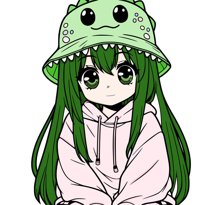 girl with anime shaped eyes with a dinosaur bucket hat oversized sweatshirt long straight hair