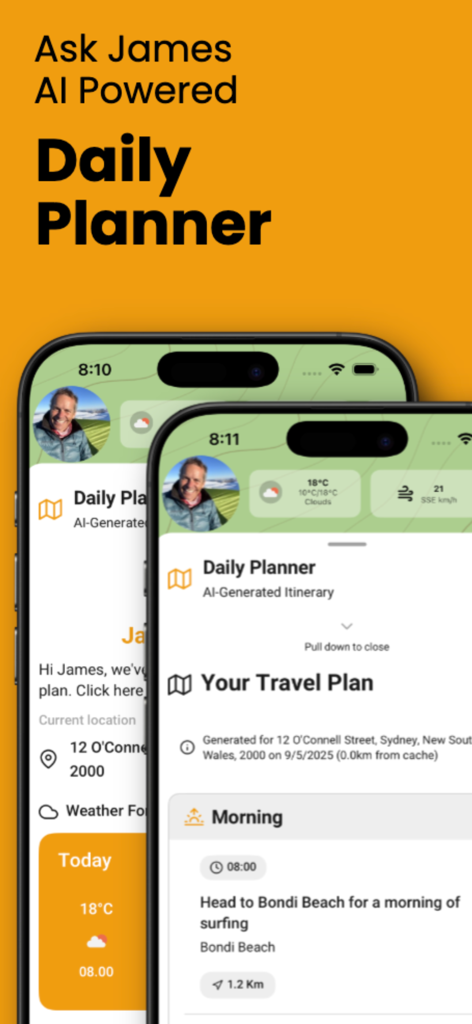 Explore by JAX - Mobile app interface of Explore by JAX showing an AI-generated daily travel itinerary including a morning surfing trip to Bondi Beach