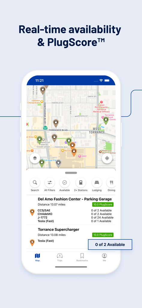 PlugShare mobile app interface displaying a map of EV charging stations with real-time availability and PlugScore ratings