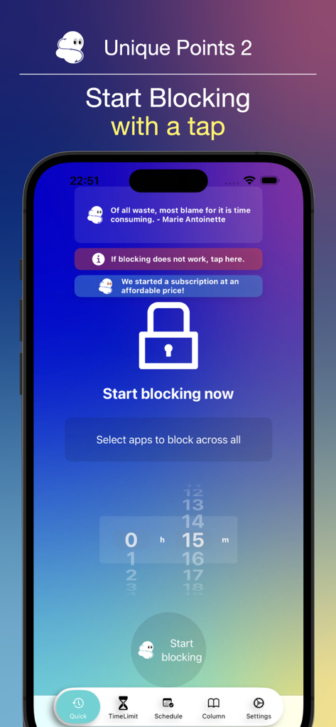 Interface of the Time Rich app showing the quick block feature with a focus timer and start button.