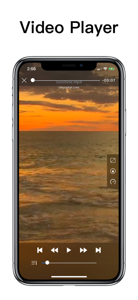 UnRAR - zip,rar,7z file opener - Interfaz del reproductor de video integrado de la aplicación UnRAR que muestra un video de atardecer en un iPhone