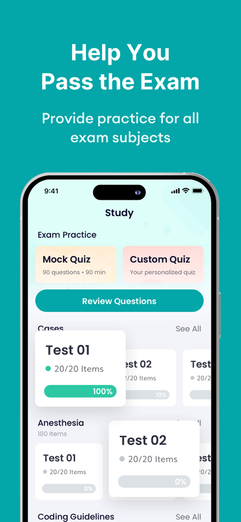 Medical Coding Exam Prep 2026 - Una interfaz móvil de una aplicación de estudio para exámenes de codificación médica que muestra opciones para cuestionarios simulados y pruebas de práctica personalizadas con seguimiento del progreso.