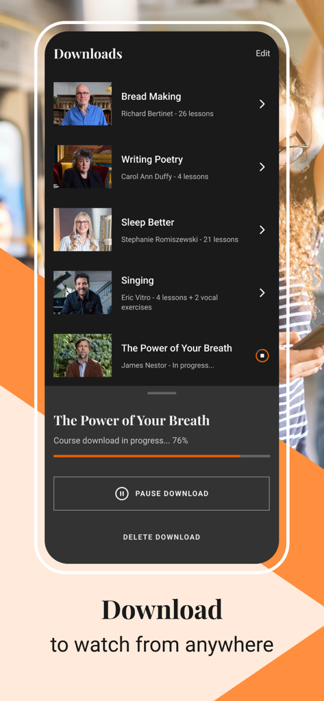 BBC Maestro: Online Courses - A mobile screen from the BBC Maestro app showing a list of downloaded online courses for offline viewing with a progress bar for a current download.